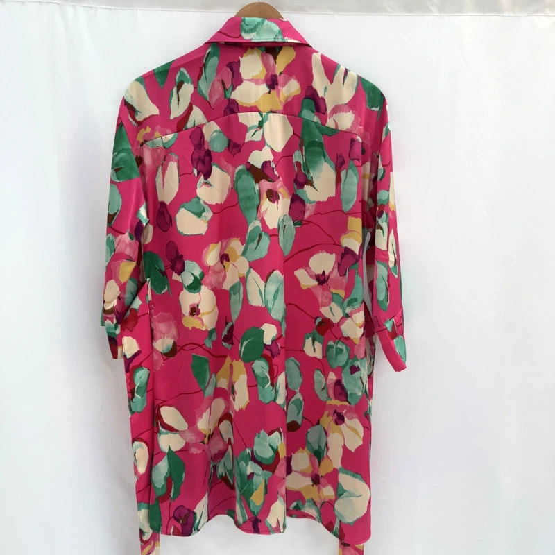 Zara Pink Floral Satin Shirt Dress UK 10-12 M Belted Mini Tunic Dress - Image 6