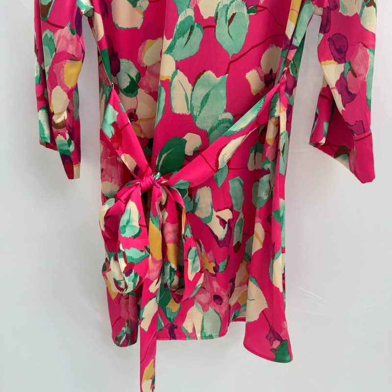 Zara Pink Floral Satin Shirt Dress UK 10-12 M Belted Mini Tunic Dress - Image 7