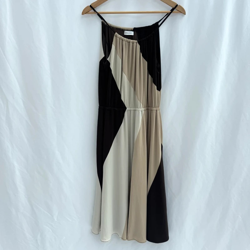 Calvin Klein Colour Block Midi Dress Brown Beige Cream Halter Neck UK 10 fits 12