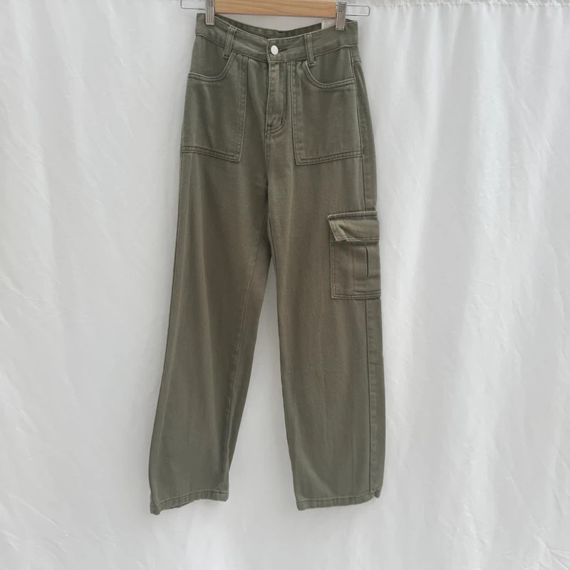 Shein Khaki Cargo Trousers UK 6 High Waist Straight Leg 100% Cotton