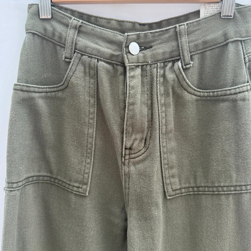 Shein Khaki Cargo Trousers UK 6 High Waist Straight Leg 100% Cotton - Image 3