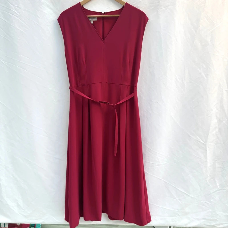 Hobbs London Pink V-Neck Midi Dress UK 14 Belted Waist Sleeveless