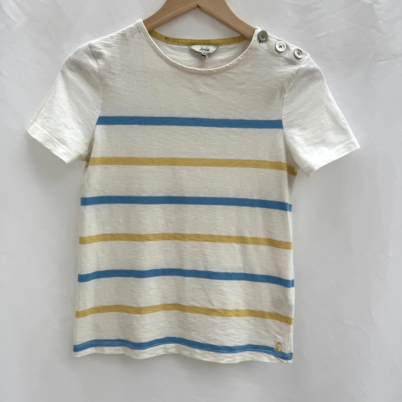 Joules Harbour Blue & Yellow Stripe Top | UK 6 | Button Shoulder 100% Cotton