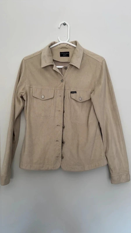 Eisenegger Beige Faux Suede Jacket Shacket Size 12 Utility Trucker smart Coat