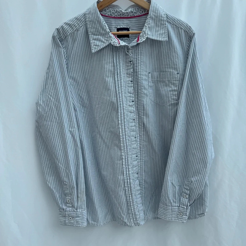 MAINE New England Grey White Stripe Shirt 100% Cotton Embroidered Cuff Detail UK 18