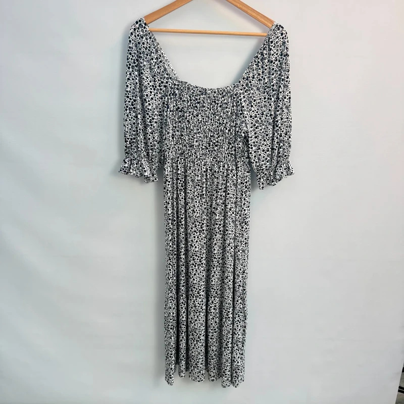 M&S Collection Black & White Ditsy Floral Shirred Midi Dress UK 12
