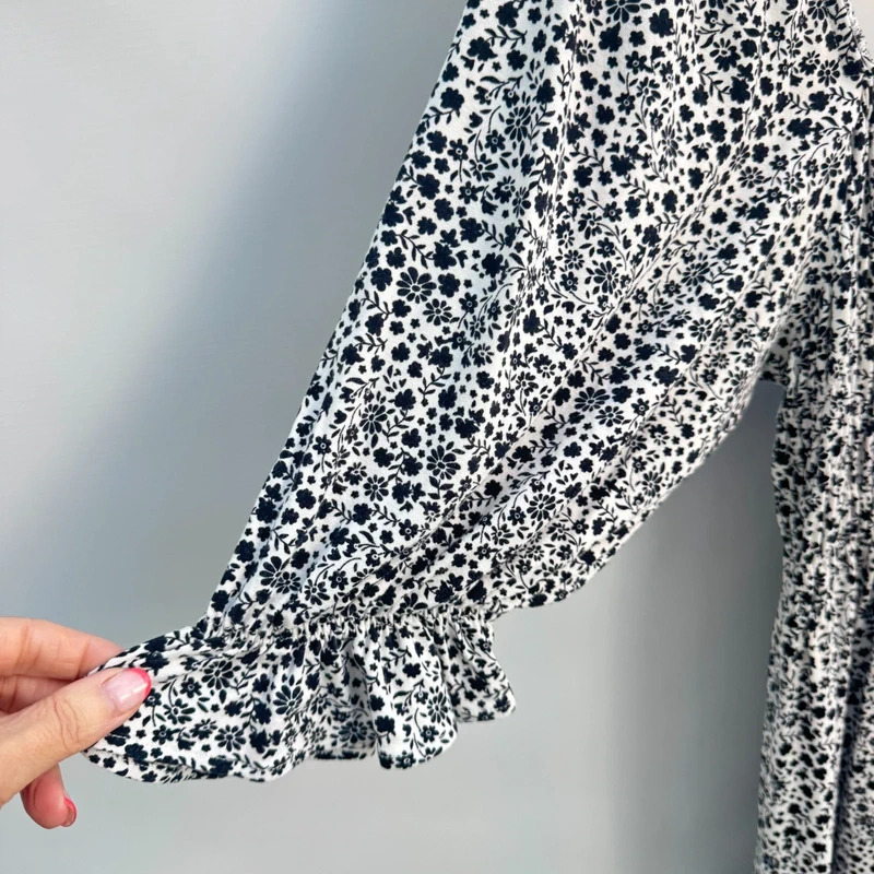 M&S Collection Black & White Ditsy Floral Shirred Midi Dress UK 12 - Image 3