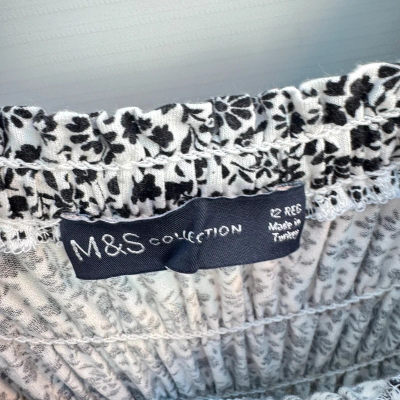 M&S Collection Black & White Ditsy Floral Shirred Midi Dress UK 12 - Image 4