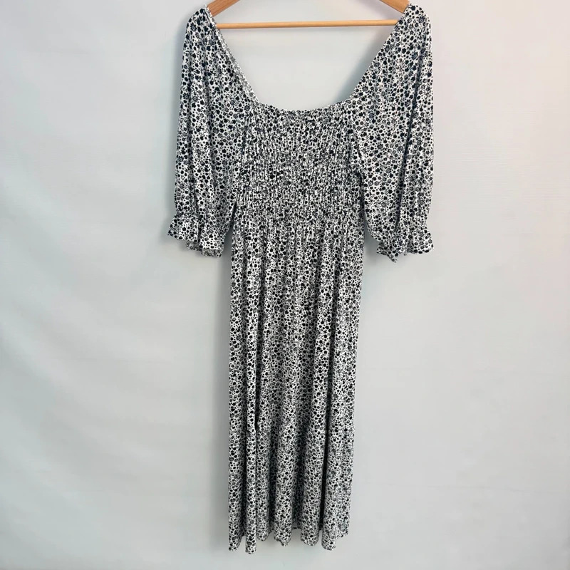 M&S Collection Black & White Ditsy Floral Shirred Midi Dress UK 12 - Image 8
