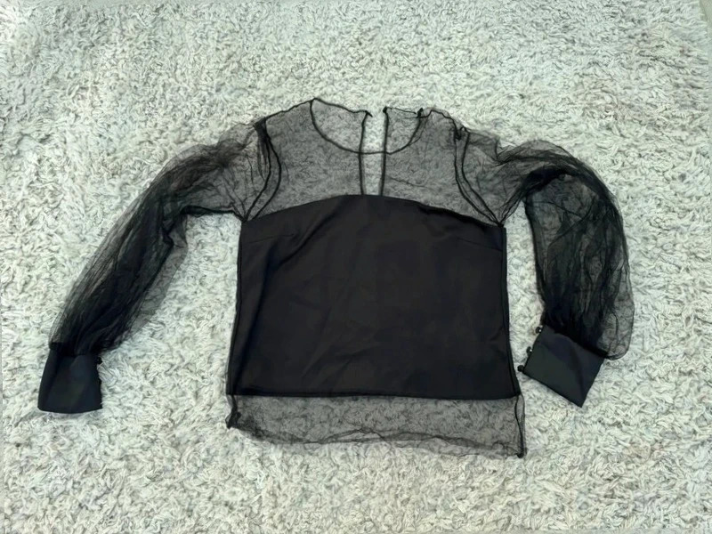 Zara Black Bardot Top Sheer Mesh Puff Sleeves Statement Blouse M UK 10-12