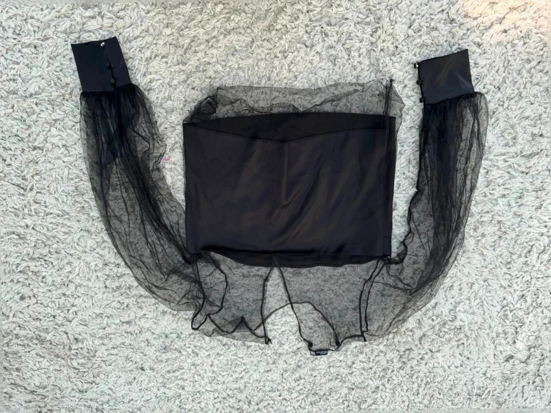 Zara Black Bardot Top Sheer Mesh Puff Sleeves Statement Blouse M UK 10-12 - Image 2