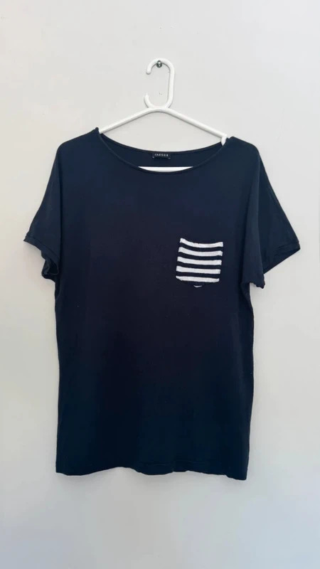 Jaeger Navy T-Shirt UK L White Striped Pocket 95% Viscose Stretch Top