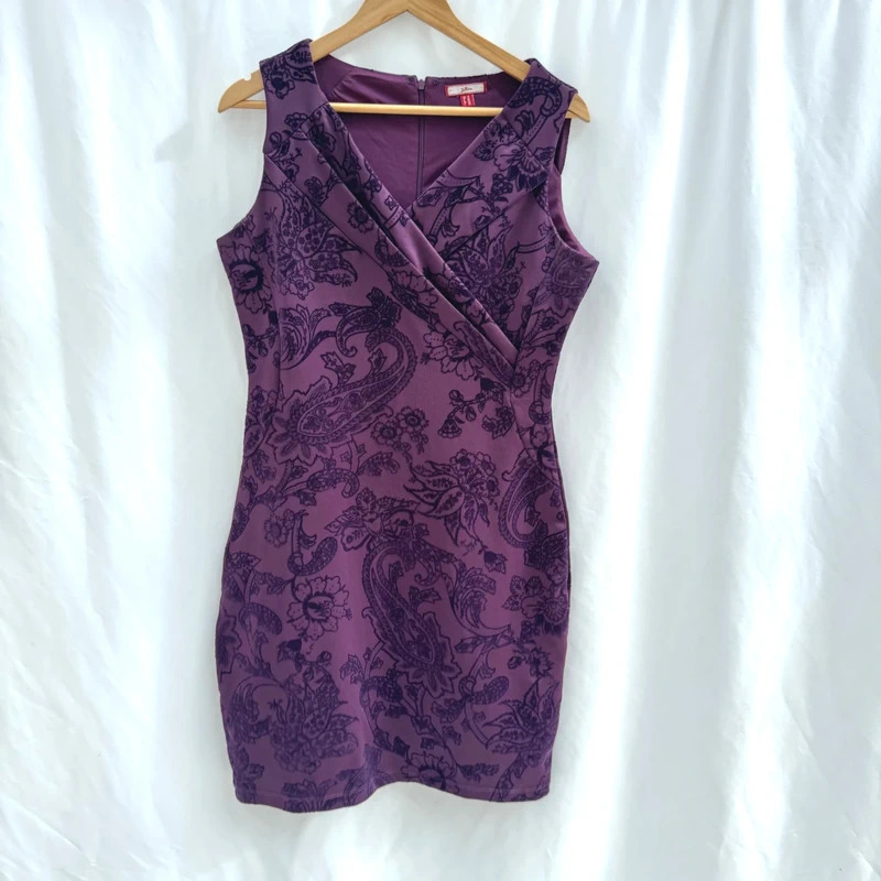 Joe Browns Purple Velvet Flock Dress Wrap V Neck Bodycon Party UK 12