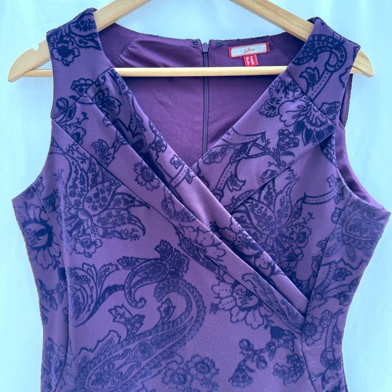 Joe Browns Purple Velvet Flock Dress Wrap V Neck Bodycon Party UK 12 - Image 2