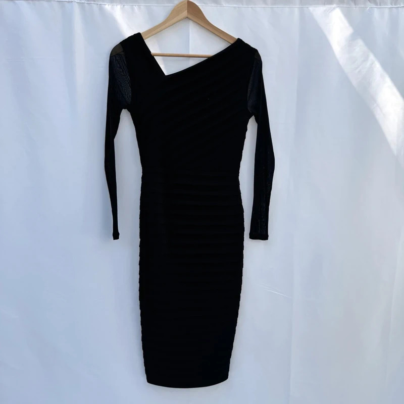 Mint Velvet Black Asymmetric Neck Pleated Bodycon Dress Size UK 10