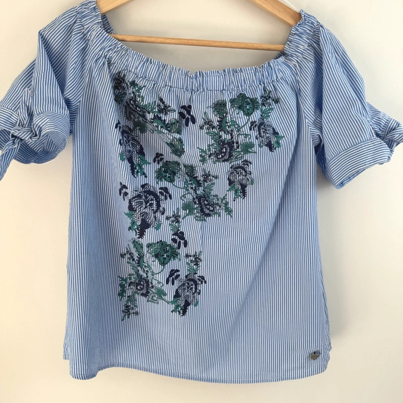 Daniel Hechter Paris Blue Striped Floral Off-Shoulder Top | UK 10 | 100% Cotton | Style 8660