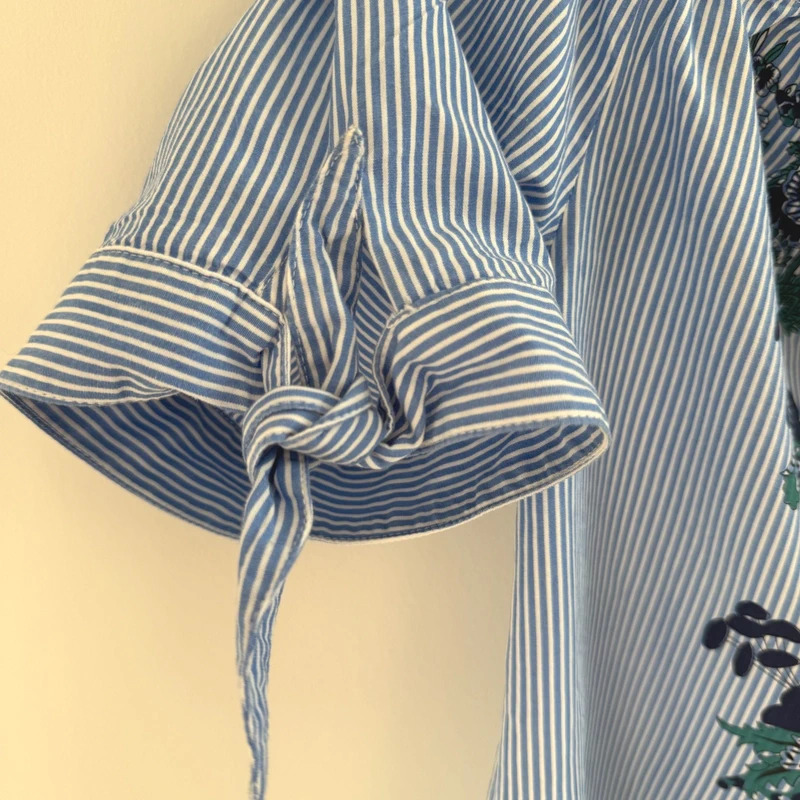Daniel Hechter Paris Blue Striped Floral Off-Shoulder Top | UK 10 | 100% Cotton | Style 8660 - Image 4