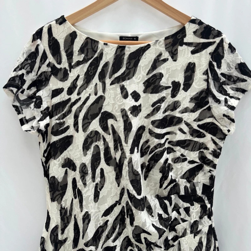 Roman Black And White Animal Print Lace Bodycon Dress Short Sleeve UK 16 - Image 2