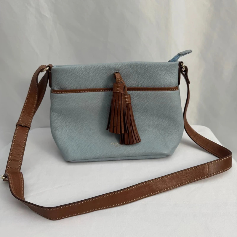 Osprey London Powder Blue Leather Tassel Crossbody Bag Floral Lining