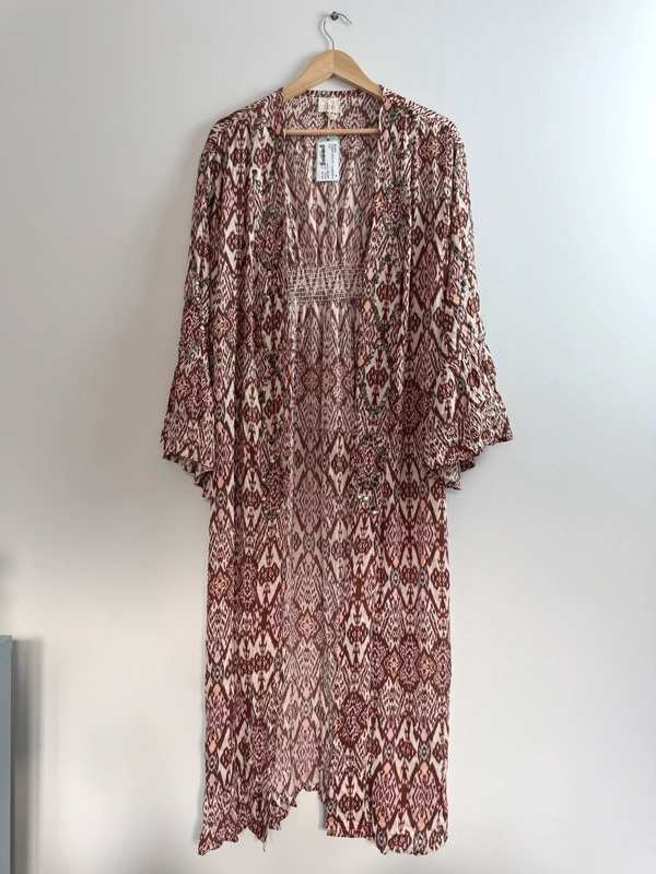 Nüd by Nekane Brown Ikat Long Kimono ML Bell Sleeves Metal Embellished New