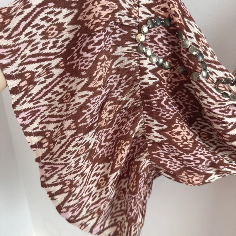 Nüd by Nekane Brown Ikat Long Kimono ML Bell Sleeves Metal Embellished New - Image 4