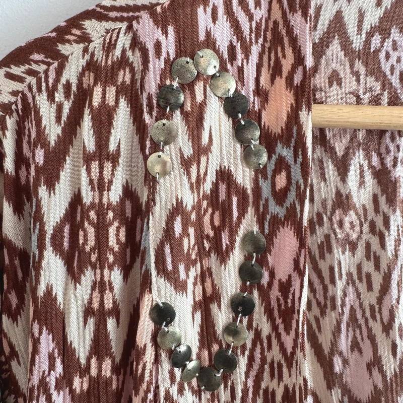 Nüd by Nekane Brown Ikat Long Kimono ML Bell Sleeves Metal Embellished New - Image 5