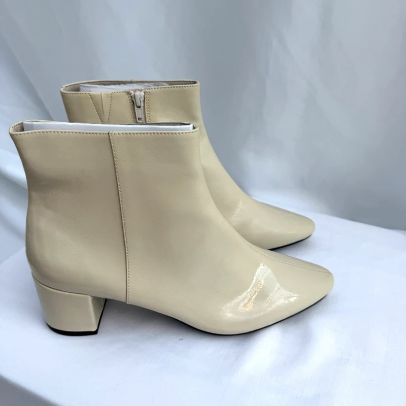M&S Stone Patent Ankle Boots | Vegan | Block Heel | Square Toe | UK 8 / EU 42 | BNWT