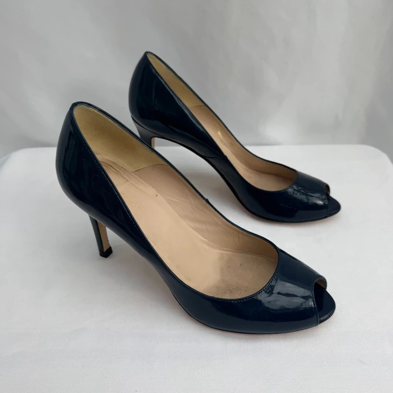 L.K. Bennett Navy Blue Patent Peep-Toe Heels | EU 38 UK 5 | Stiletto Court Shoes