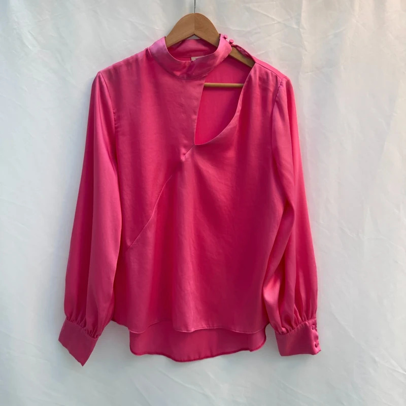 River Island Bright Pink Asymmetrical Cut-Out Blouse | UK 12 | Long Sleeve Satin Feel