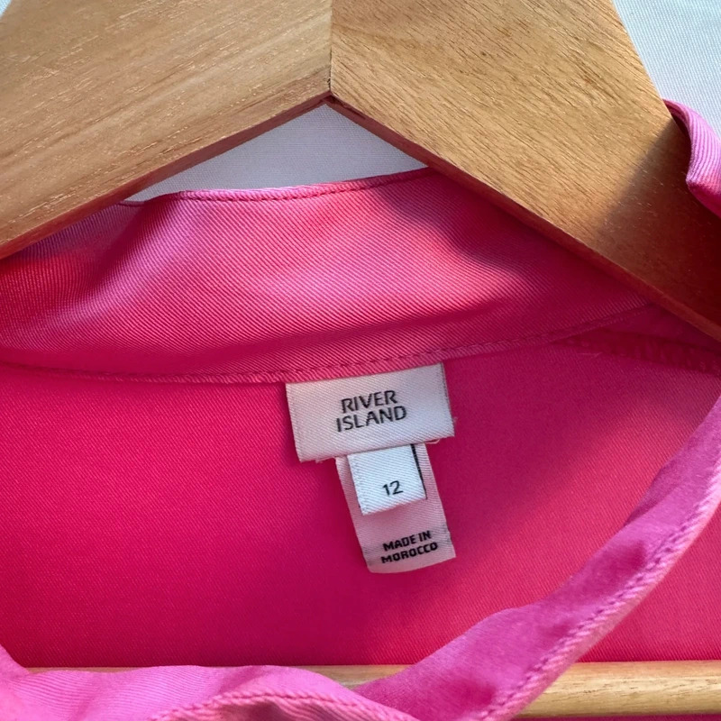 River Island Bright Pink Asymmetrical Cut-Out Blouse | UK 12 | Long Sleeve Satin Feel - Image 2