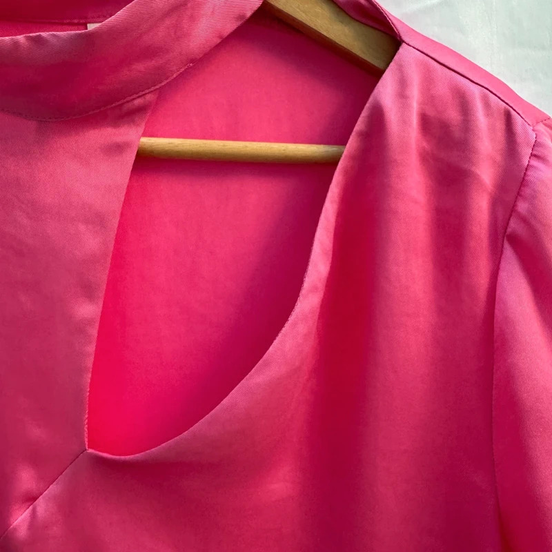 River Island Bright Pink Asymmetrical Cut-Out Blouse | UK 12 | Long Sleeve Satin Feel - Image 4