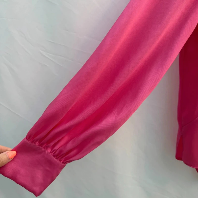 River Island Bright Pink Asymmetrical Cut-Out Blouse | UK 12 | Long Sleeve Satin Feel - Image 5