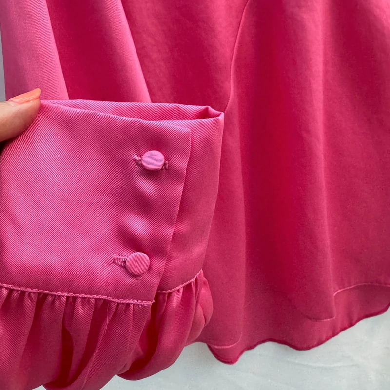 River Island Bright Pink Asymmetrical Cut-Out Blouse | UK 12 | Long Sleeve Satin Feel - Image 6