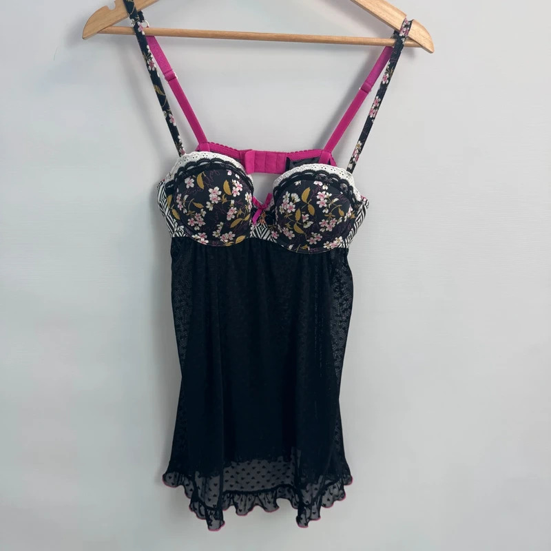 Floozie Frost French Black Cherry Blossom Chemise Pink Trim Lace UK 36B