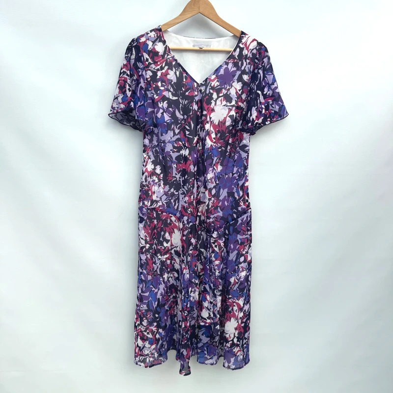 Emma Blake Purple Pink Floral Midi Dress UK 16 Chiffon Flare Sleeve Occasion Wear