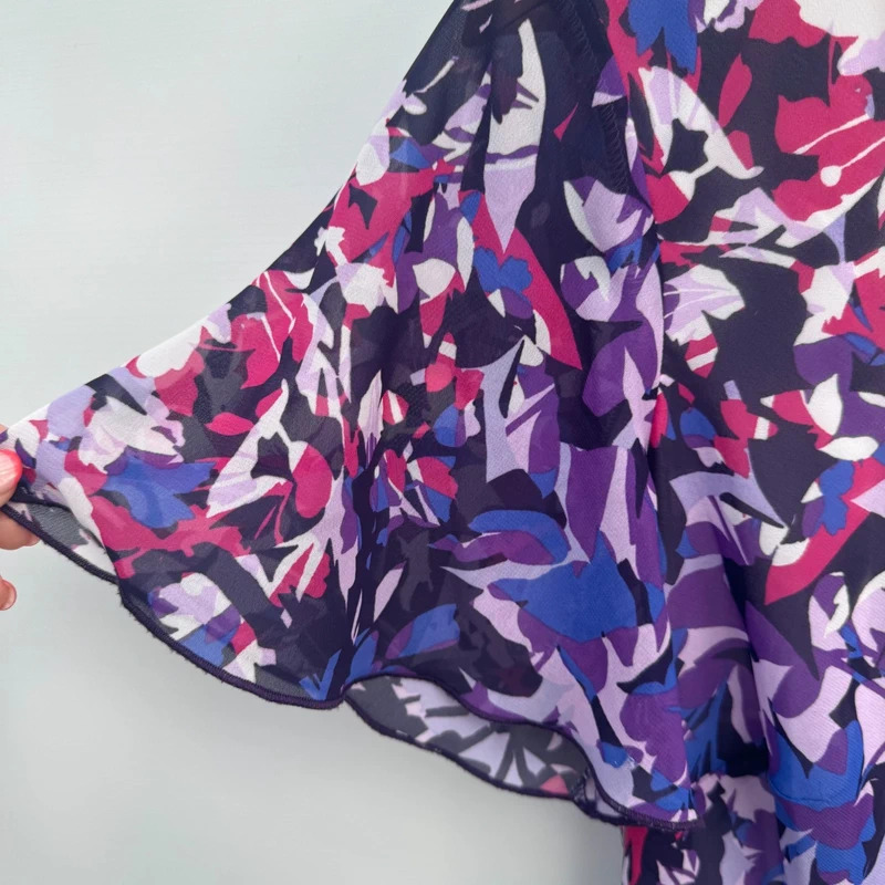 Emma Blake Purple Pink Floral Midi Dress UK 16 Chiffon Flare Sleeve Occasion Wear - Image 4