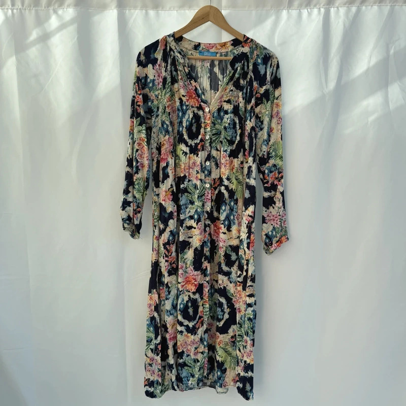 BILLI Navy Floral Long Midi Dress UK 16–20 Relaxed Smocked Button Front 3/4 Sleeve
