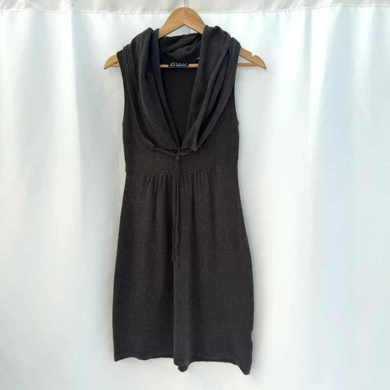 Yaya Sophisticated Dark Brown Knit Dress Sleeveless Cowl Neck Tie Waist Size S