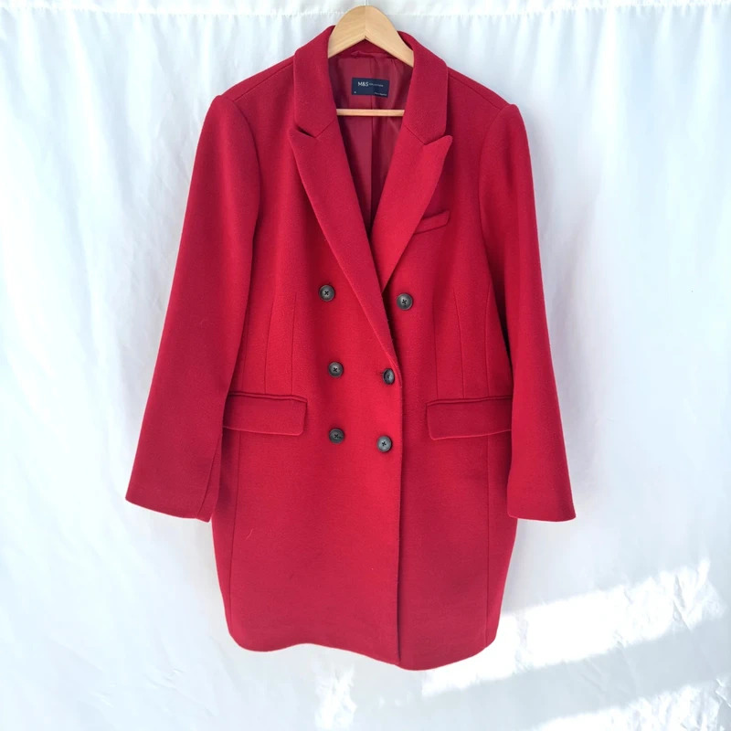 M&S Collection Dark Red Wool Blend Coat Double Breasted Mid Length Plus Size UK 22