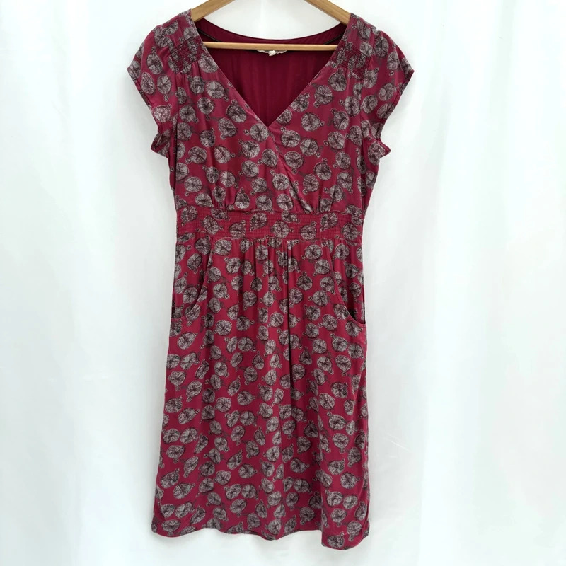 White Stuff Pink Bicycle Print Modal Dress UK 10 Shirred Waist Pockets