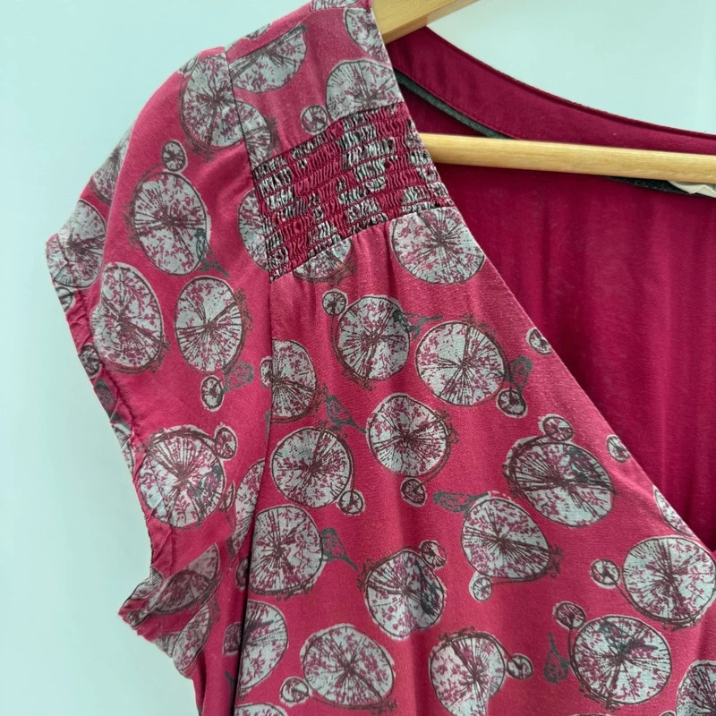 White Stuff Pink Bicycle Print Modal Dress UK 10 Shirred Waist Pockets - Image 3