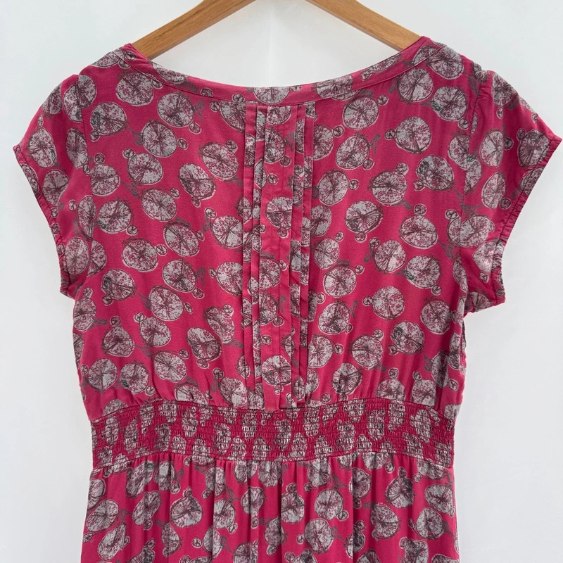 White Stuff Pink Bicycle Print Modal Dress UK 10 Shirred Waist Pockets - Image 7