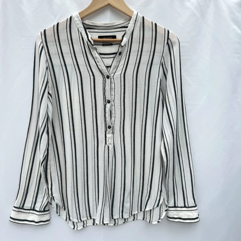 Isabel Marant White Black Stripe Henley Blouse FR38 UK10 RRP £315