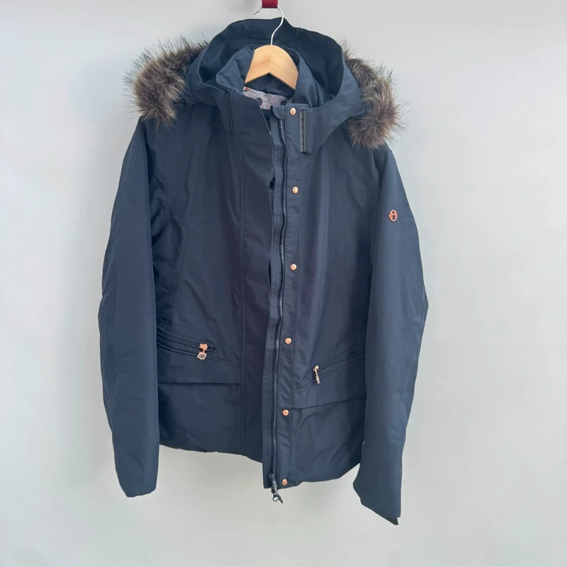 Equetech Navy Waterproof Parka Jacket XL UK 16 Faux Fur Hood Rose Gold Hardware BNWT