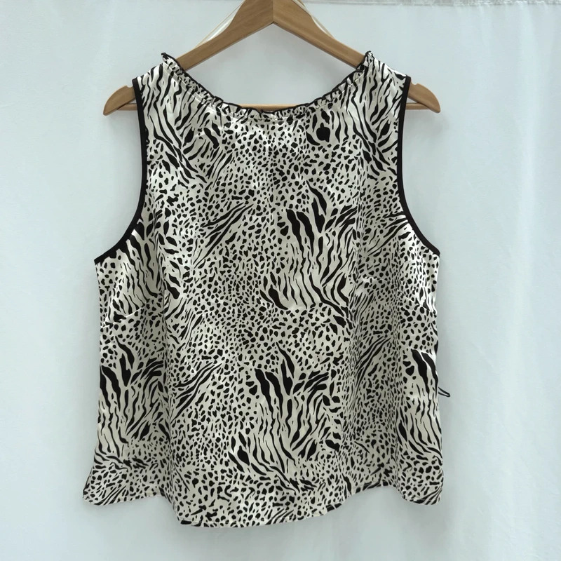 Roman Originals Cream Brown Animal Print Sleeveless Top Ruffle Neck UK 20