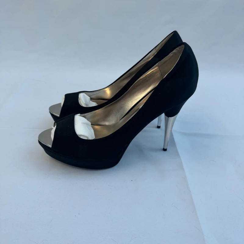 Dune Krossy Black Peep Toe Platform Silver Stiletto Heels Shoes UK 7 EU 40 - Image 2