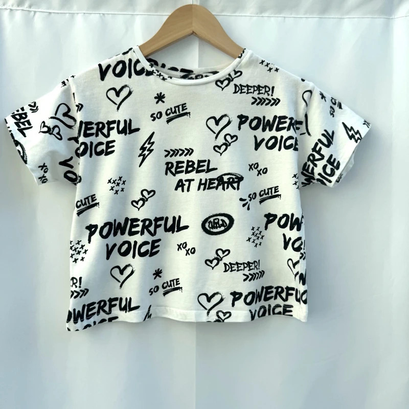 ZARA Kids Age 9 White Crop T-Shirt Rebel At Heart Graphic Print Short Sleeve Top