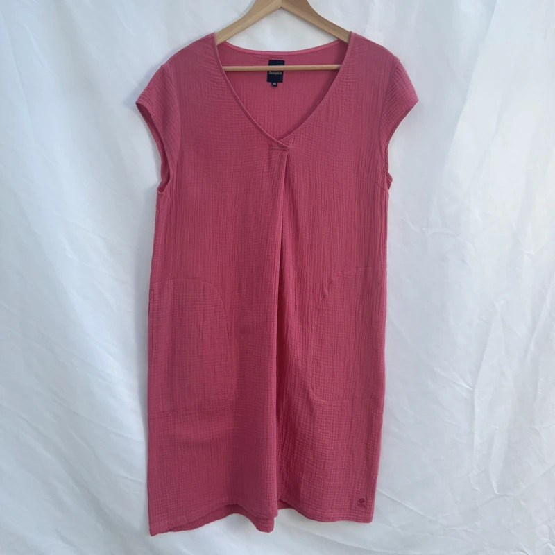 Mousqueton Pink Cotton Crinkle V-Neck Pocket Midi Dress UK 12