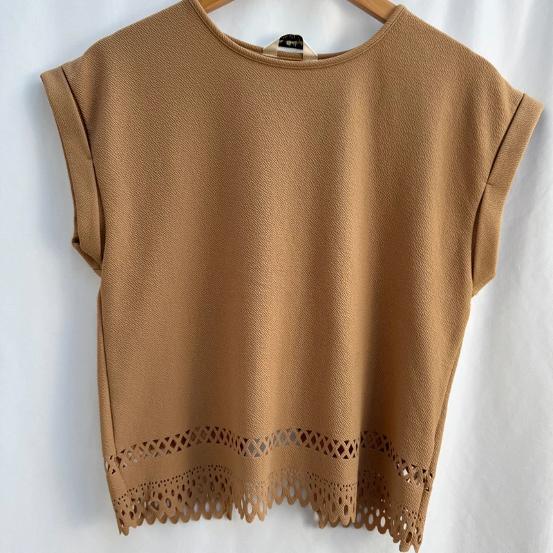 Miss Selfridge Camel Textured Top Cutwork Hem Open Back Cuffed Sleeve Uk 10