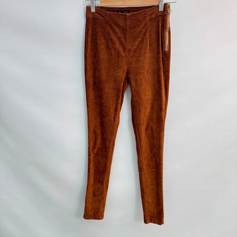 QED London Trousers UK 8 Tan Fine Corduroy Skinny Side Zip Stretch Pants
